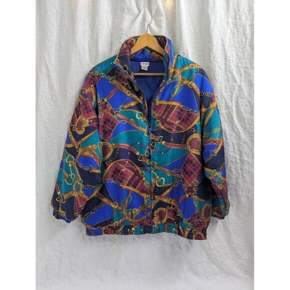 Avon Style women's sz Large 100% silk bomber jacket patch harness vintage 1990s - Picture 1 of 7
